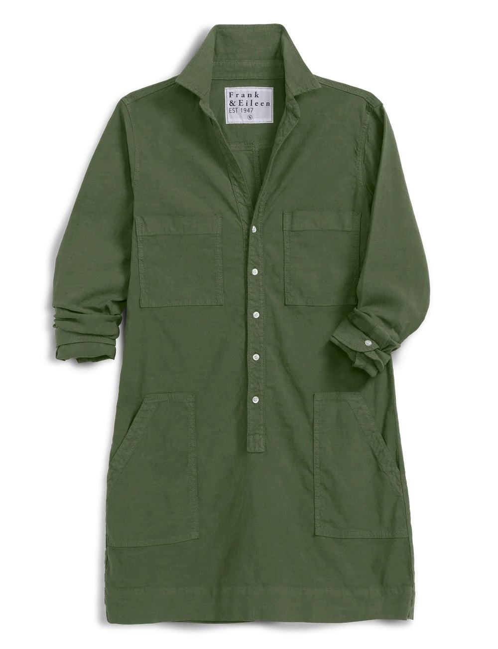 Frank & Eileen Ireland Utility Shirt Dress in Army Green Performance Linen XS